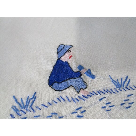 Vintage Embroidered Napkins Blue Shirt Boy Boat Scalloped Edges Four GUC - Picture 5 of 15